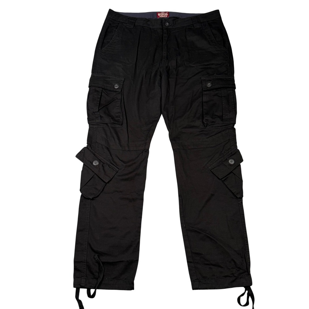 Matchstick Mens Black Cotton Cargo Workwear Pants Straight Leg Multi-Pocket 38